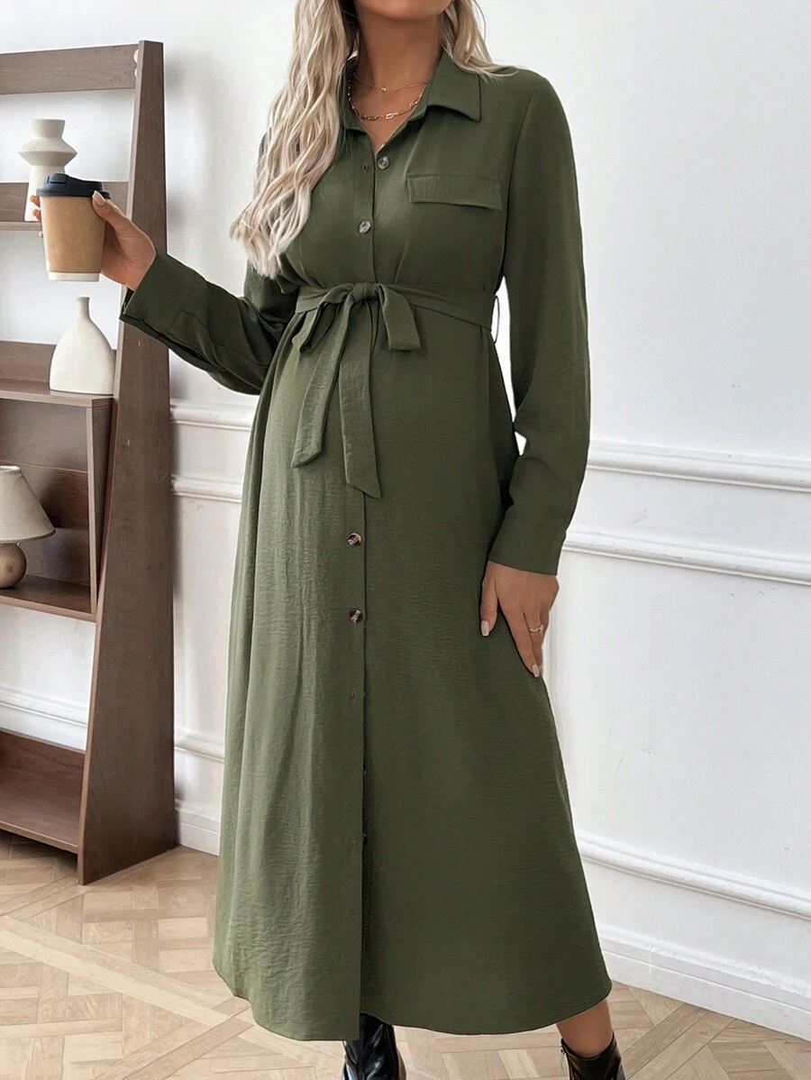SHEIN Fashionable & Comfortable Pocket Button Maternity, Button Maternity Dress - Green - View 1