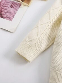 SHEIN 女婴 2 件套针织毛衣和宽松松紧腰裤套装，奶油白色，秋冬 - 米色 - 查看 3