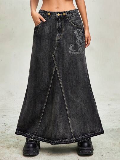 Goth Retro Vine Embroidered Rhinestone Distressed Washed Denim Asymmetric Hem A-Line Skirt For Women