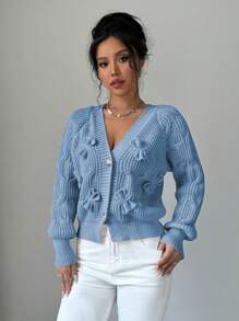 Elenzga Áo khoác cardigan trơn màu thường ngày có nơ trang trí cho nữ, Thu/Đông - Màu xanh nhạt - Xem 5