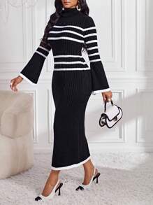 SHEIN Lady 秋冬秋装女毛衣裙长款女裙优雅女装冬季女装黑色高领毛衣裙黑白条纹毛衣裙喇叭长袖毛衣裙秋季女装搭配冬季女装秋季女装 - 黑與白 - 查看 4
