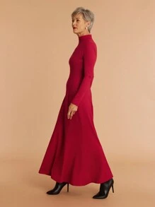 SHEIN LUNE 女士休闲高领长袖红色连衣裙 - 酒紅色 - 查看 9