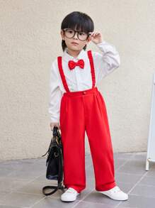 SHEIN Bộ 2 quần áo sơ mi dài tay cổ lật đơn giản, thoải mái, thời trang cho bé trai, phù hợp cho tiệc sinh nhật, tiệc tối, đám cưới, ngày đầu tiên đi học, quần áo bé trai, bộ đồ bé trai trở lại trường, trang phục bé trai, trang phục mặc hàng ngày, phù hợp cho trường học, du lịch, thể thao, mùa thu và đông - Đỏ - Xem 3