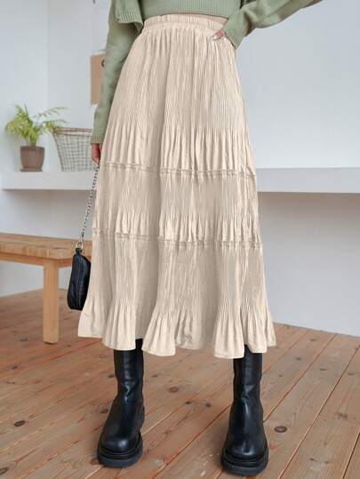 DAZY 1pc Women Solid Color Pleated Hem Ruffled Elegant Skirt Fall