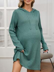 SHEIN Gaun Sweater Hamil Polos Sederhana dengan Tali Serut dan Tudung, Kasual, untuk Musim Dingin - Hijau - View 3