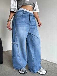 SHEIN EZwear 大码休闲风格直筒蓝色牛仔裤 - 藍色 - 查看 4