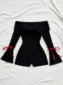 Soleia Women Casual Off Shoulder Flared Sleeve Belted Jumpsuit