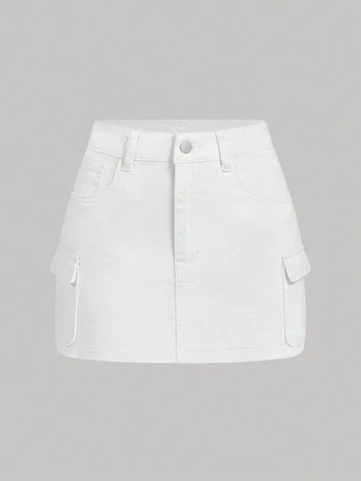 SHEIN MOD 女士时尚纯色翻盖口袋休闲牛仔迷你裙夏季