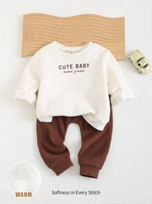 Cozy Pixies 2pcs Baby Boy Letter Print Knitted Soft Crew Neck Long Sleeve Sweater And Elastic Waist Pants Set