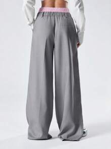 LYSMO Casual Color-Block Waistband Wide-Leg Pants - Grey - View 2