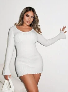 Zolique Vestido de punto blanco para mujer, vestido sexy de manga larga y corta, de ajuste ceñido, para fiestas con amigas en otoño e invierno, ropa de mujer de temporada - Blanco - Ver 3