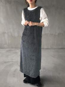 FRIFUL Women's Solid Color Crew Neck Sleeveless Fluffy Long Vest With Tie Back, Autumn/Winter,Sleeveless Tops Women Jacket,Fall Women Clothes Women Coats - Grey - View 2
