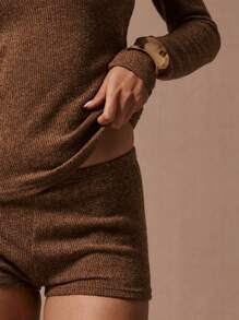 MUSERA Micro Knit Low Rise Shorts Y2k Summer Ibiza, Holiday, Club Party - Coffee Brown - View 5