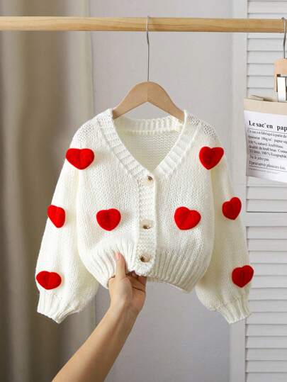 Elladie kids Young Girl' Beige Casual Cute Soft Comfy Simple Warm Versatile Elegant 3D Heart Lantern Sleeve Cropped Relaxed Fit Knit Cardigan, Suitable For Home, Daily Commute, School, Outdoor, Party, Autumn/Winter