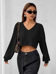SHEIN EZwear Áo len ngắn cổ chữ V màu đen thoải mái và giản dị dành cho nữ - màu đen - Xem 5