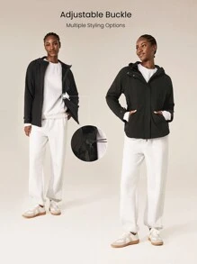 GLOWMODE 羊毛宽松版型可调节抽绳腰带连帽衬衫式夹克日常休闲 - 黑色 - 查看 2