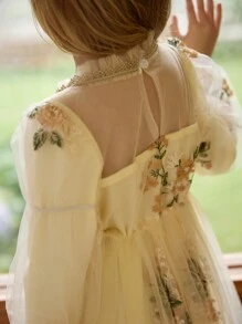 SHEIN Girls Fashion Elegant Floral Embroidery Lace Long Sleeve Dress, Suitable For Everyday Wear, Holiday, Party, Gift, Autumn