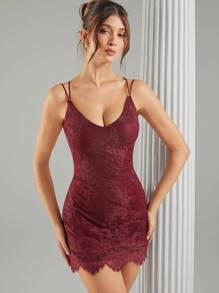 SHEIN Unity 1 件纯色蕾丝拼接露背吊带无袖连衣裙 - 酒紅色 - 查看 5