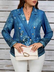 Áo khoác in hoa EMERY ROSE Plus Fall Clothes có hàng khuy đôi - Màu xanh hải quân - Xem 1