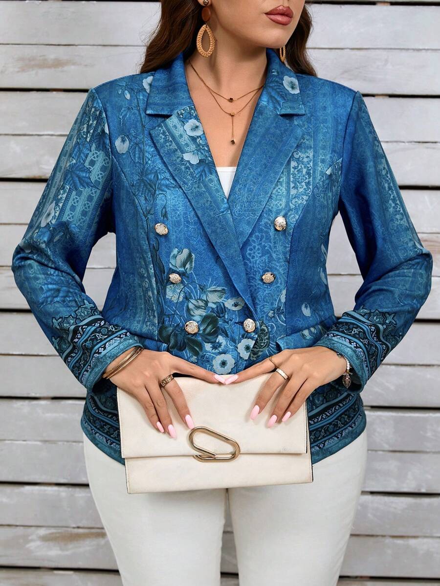 Áo khoác in hoa EMERY ROSE Plus Fall Clothes có hàng khuy đôi - Màu xanh hải quân - Xem 1