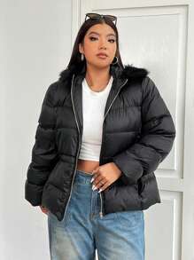 SHEIN EZwear 大码女式、寒冷天气服装、保暖防水连帽拉链前羽绒夹克,带毛领细节,适合远足、滑雪或日常穿着等户外活动、修腰设计、冬季羽绒和羽毛外套、加热夹克 - 黑色 - 查看 6