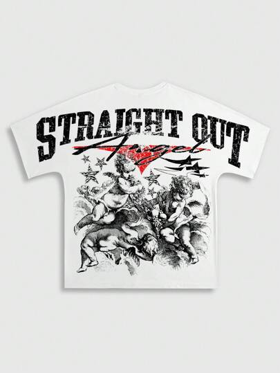 Street Life Camiseta de manga corta con estampado y manga de murciélago, estilo callejero para hombre, uso casual diario, Halloween