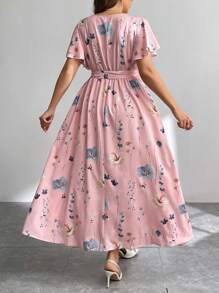 Firerie Gaun Liburan Wanita Ukuran Besar Model V-Neck Longgar dengan Motif Acak dan Belahan Pinggang Ikat, Gaun Pantai, Pakaian Liburan Gaya Boho Musim Semi - Baby Pink - View 3