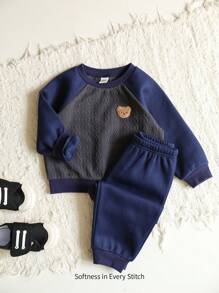 Cozy Pixies 2pcs Baby Boy Contrast Color Raglan Sleeve Crew Neck Long Sleeve Top And Jogger Pants Set - Blue - View 1