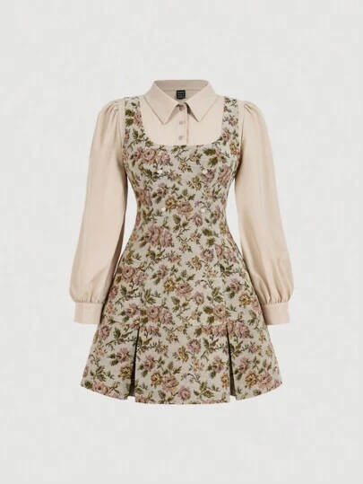 SHEIN MOD Plus Size Vintage Floral 2 In 1 Long Sleeve Shirt & Dress For Women