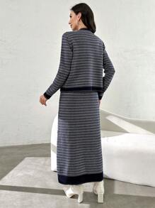 Modelyn Zigzag Pattern Knit Vest Sweater Dress With Cardigan Set, Casual For Autumn/Winter 2 Pieces Set - Multicolor - View 2