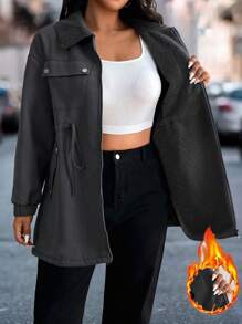SHEIN MOOSTA Plus Size Button-Up Fluffy Collar Pockets Waist Drawstring Long Sleeve Jacket - Dark Grey - View 8