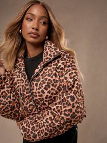 MISSGUIDED Leopard Print Puffer Crop Jacket Winter Puffer Insulated Padded Quilted Outerwear Coat Windproof Warm Cozy Fashion Zipper Puffer Jacket - Multicolor - View 4