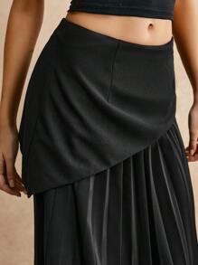 Poéselle Black Asymmetric Elegant Pleated Effortless Chic A-Line Skirt, Elegant And Charming, French Semi Skirt, Cottage Core, Black Elegant Pleated Effortless Chic Essential, FW24, Fall Women's Clothing