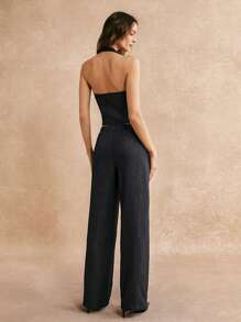 Poéselle Fall Gray Twill Cubic Floral Suit Vest Trouser 2 Pieces Set, Two Pieces Fall Outfits, Women's Halter Strapless Halter Top And Textured Trouser Set, - Grey - View 2