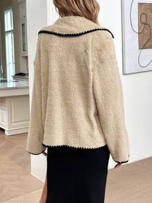 SHEIN LUNE 女式蓬松领口袋撞色边饰衬里夹克，秋冬款 - 卡其色 - 查看 2