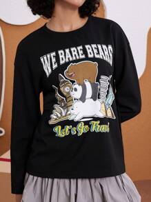 We Bare Bears X SHEIN Women Casual Cartoon Bear & Slogan Print Drop Shoulder Loose Black T-Shirt, Spring/Autumn - Black - View 3