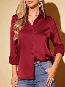 Amorya Women Elegant Solid Color Acetate Satin Placket Long Sleeve Blouse - Red - View 4