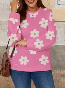 EMERY ROSE Áo nỉ chui đầu cổ tròn tay dài in họa tiết hoa cỡ lớn cho nữ, trang phục thường ngày cho mùa thu/đông - Hồng - Xem 7