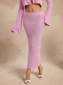 L'Amorae Solid Textured Midi Bodycon Sweater Skirt - Dusty Pink - View 5