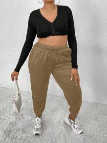 SHEIN LUNE Women's Fashionable Solid Color High Waisted Pants With Pockets - Khaki - View 3