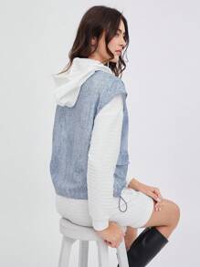 SHEIN EZwear 女士秋冬牛仔效果印花宽松休闲立领背心夹克 - 藍色 - 查看 2