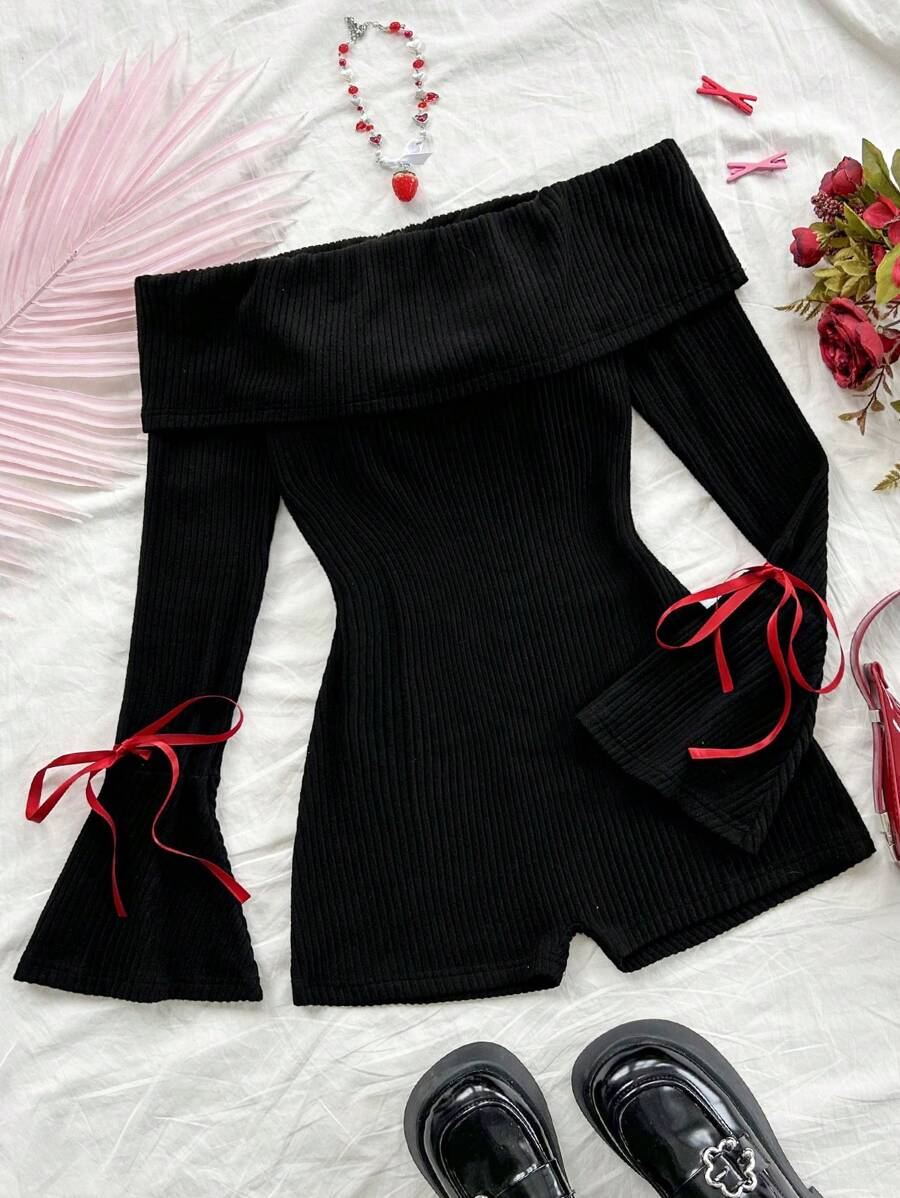 Soleia Women Casual Off Shoulder Flared Sleeve Belted Jumpsuit