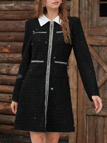 SHEIN MOD 1 pieza Abrigo de mujer elegante con cuello vuelto y bloqueo de color de manga larga, adecuado para otoño e invierno, abrigos largos de mujer, abrigo negro, chaquetas de otoño para mujer, abrigo tipo trinchera para mujer, abrigo de invierno para mujer, abrigo largo