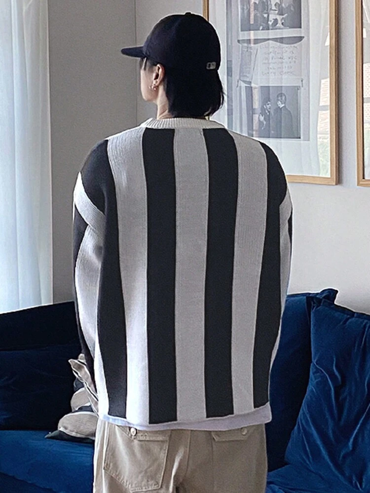 Men's Striped Letter Patch Sweater, Autumn