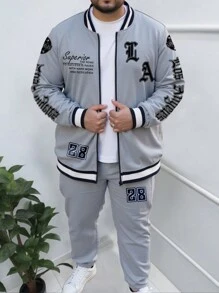 Manfinity Homme Plus Size Men's Letter Print Zip-Up Jacket And Pants Casual Tracksuit, Men 2 Pieces Set, Men Tracksuit Set, Men Outerwear Co Ords, Fall Clothes