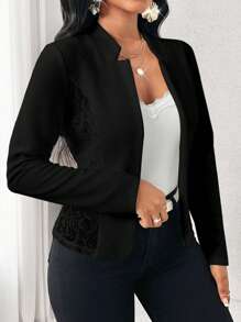 SHEIN Lady Women's Solid Color Collar Long Sleeve Open Front Elegant Blazer Jacket, Autumn - Black - View 4