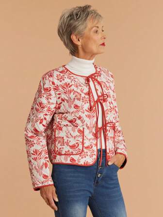 Miaspire Damen Lässig Lange Ärmel Gepolsteter Mantel mit Allover-Muster und Bindeband vorne