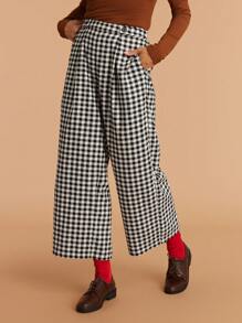 SHEIN LUNE Pantalones de pierna ancha de talle alto con botones a cuadros para mujer - Multicolor - Ver 2