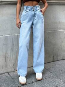 RueChic Casual Washed Paper Bag Waist Straight Leg Jeans
