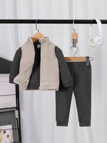 3 件套男婴时尚冬季套装：灯芯绒无袖背心夹克 + 华夫格针织上衣 + 裤子，防风保暖，适合外出、居家和派对 - 灰色 - 查看 1